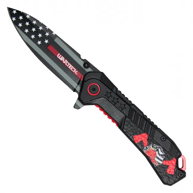 Thin Red Line Folding Knife – Firefighter American Flag Artwork – USA Patriotic Collectible – First Responder Tribute – Assisted Opening Folder – Fire Rescue Gift