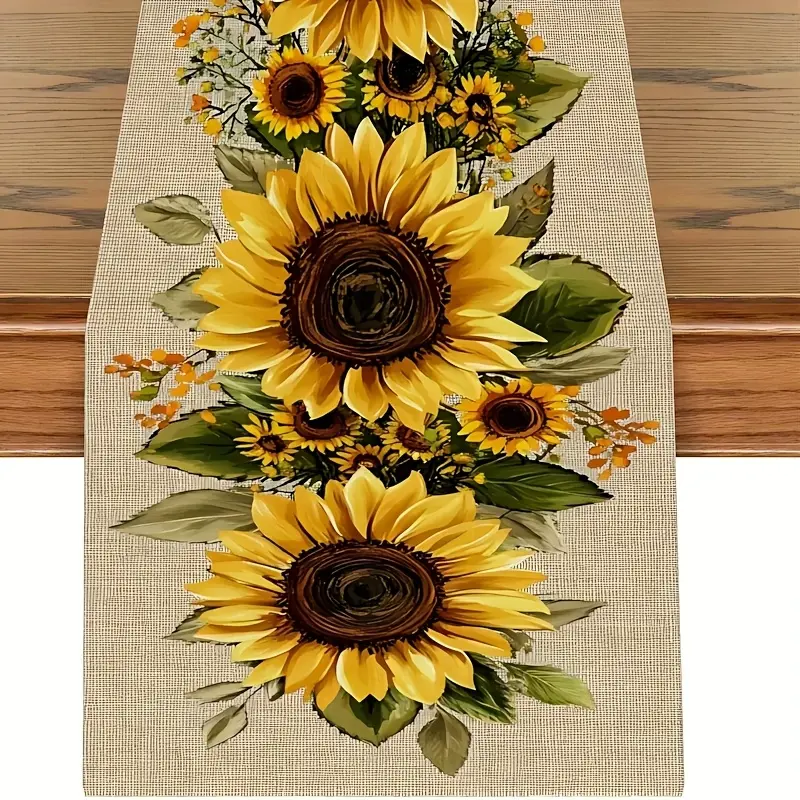 1pc Rustic Cartoon Sunflower Large Flower Motif Runner, Polyester Textured Machine-Wash Fabric with Artistic Food Print, All-Seasons Kitchen Linen, Warm Dining-Coffee Table Cover for Living Room Christmas Decor