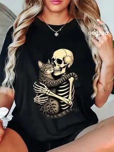100% Cotton Unisex Skeleton Hugging Cat Halloween Cat Lover Cat Mom Dad Bruh T-Shirt for Men Women