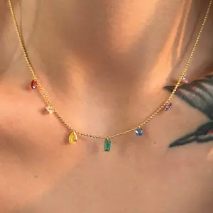 Colorful Zircon Titanium Steel Clavicle Necklace with Colorful Stones and Gold Finish