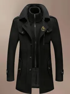 Men's Fashion Double Collar Mixed Fiber Long Coat, Zipper and Pocket Design, Warm and Durable, Suitable for Business or Casual Autumn/Winter