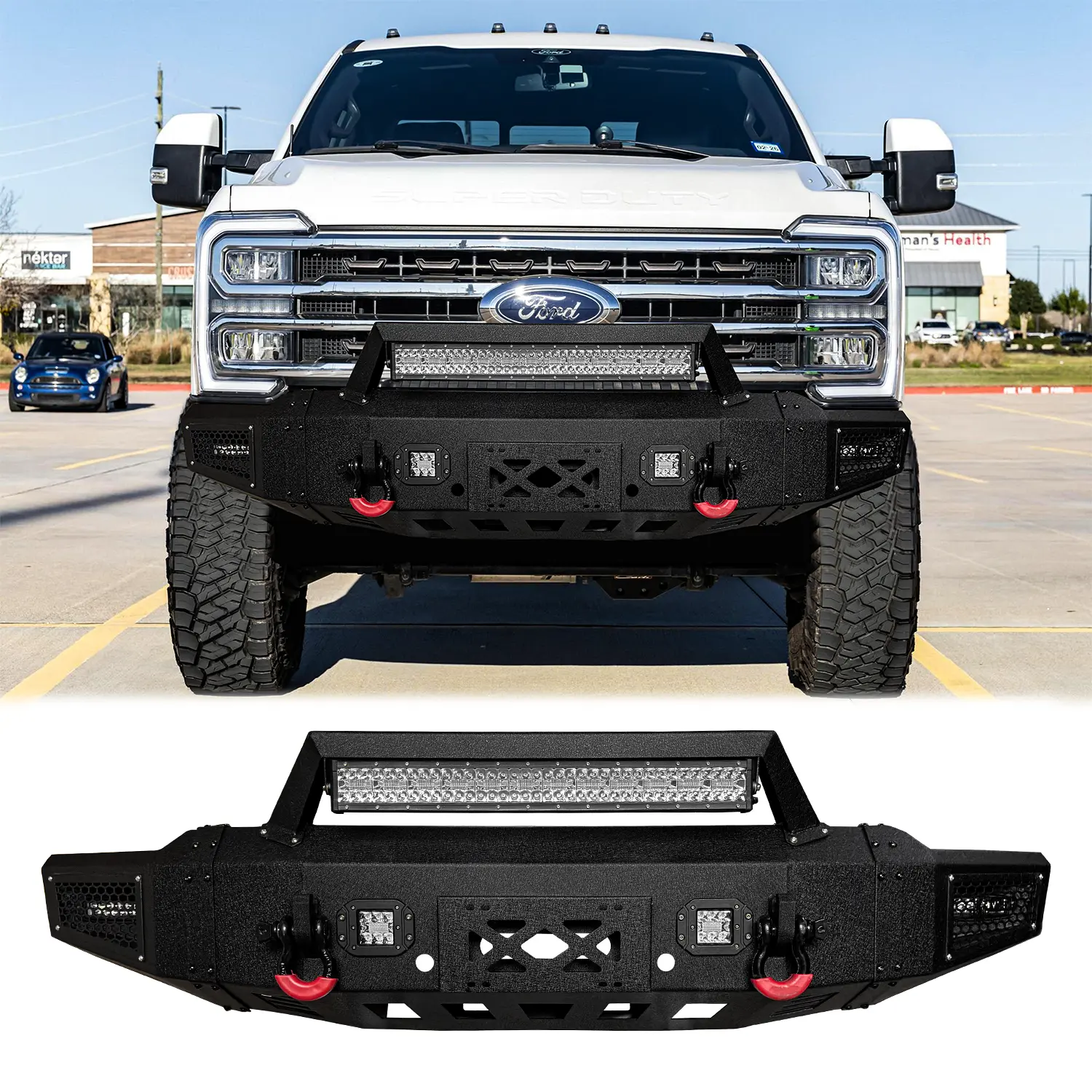 Vijay Sleek Black Textured Steel Front Bumper for 2023-2025 Ford F250-F350 Super Duty, Off-Road Accessory with Winch Plate, 2 D-Ring Slots, LED Lights for Enhanced Visibility & Improved Off-Road Performance, Simple screw installation