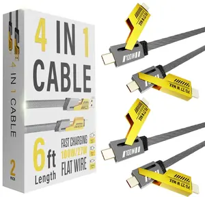 4 in 1 Charging Cable 2-Pack, 100W USB C to Lightning Cable 6FT, Fast Charging [480Mbps] Flat Nylon Braided Charger Cord with Lightn-ing/USB C/USB A Port for iPhone iPad & More