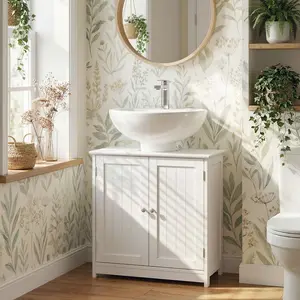 Pedestal Sink Storage Cabinet with U-Shape Cut-Out Adjustable Shelf White MDF Build 22 lbs Capacity Bathroom Organizer