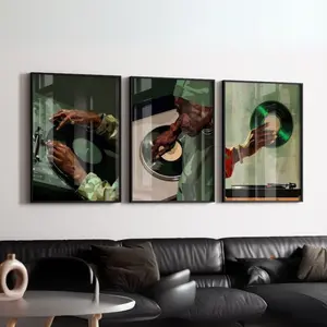 Artistic 3-Piece Black Man DJ Graphic Posters Set - Vintage Vinyl Record Turntable Tape Printable Photo Paper Artwork, 12”x18” 16”x24” 24”x36” 27x40 Hip Hop Music Masculine Room Wall Decor, Home Supplies