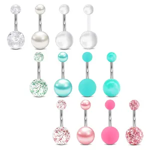 14G Belly Button Rings 12PCs/set Stainless Steel Belly Rings for Women Hypoallergenic Pink Belly Button Ring Mint Green Belly Piercing for Women