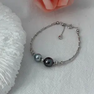 [Pearlury]Real Pearl Bracelet Black Tahitian with Madama Mixture Double Pearl Bracelet Jewelry S925 17+3cm Adjustable