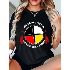 Women's Black Water Protector T-Shirt | Medicine Wheel, Red Feathers & Teepees 'Water Is Life - Nodapi' | Casual Daily Outdoor Cultural Top 100% Cotton T-shirt