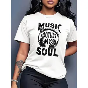 Women's White Cotton Round Neck Short Sleeve T-Shirt - Lightweight, Breathable, Comfortable Simple Aesthetic Everyday Streetwear Vintage Top with Headphones Print, Music-Themed Fabric for Music Lovers
