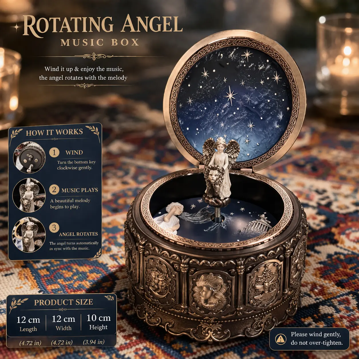 Leo Zodiac Rotating Angel Music Box, Vintage Wind-Up Musical Box with Light, Romantic Gift for Girlfriend, Birthday Decor