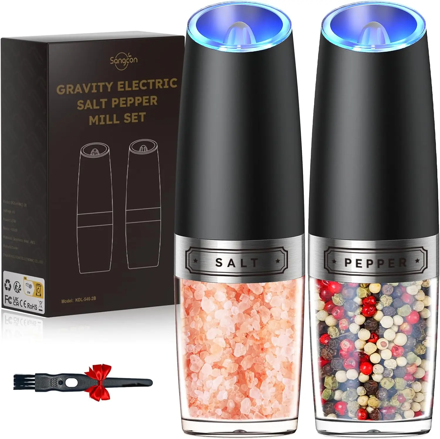 Gravity Electric Salt and Pepper Grinder Set Automatic Shakers Mill Grinder with LED Light, Battery Powered Adjustable Coarseness One Hand Operation