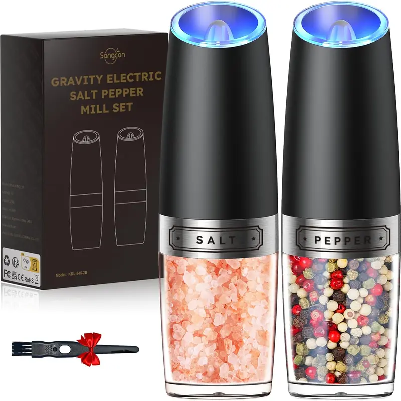 Gravity Electric Salt and Pepper Grinder Set Automatic Shakers Mill Grinder with LED Light, Battery Powered Adjustable Coarseness One Hand Operation