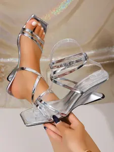 Women's Punk Style Silver Color Mirror Strap Square Toe Wedge High Heels, Fashionable Ladies' Shoes, Trendy Footwear for Everyday Wear