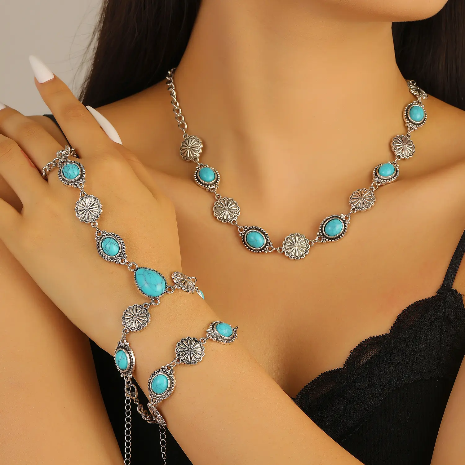 Women's Bohemian Jewelry Set, Vintage Antique Silver Necklace and Oval Turquoise Stone Hand Chain Bracelet, Bracelet Jewelry Sets, Ethnic Jewelry Sets