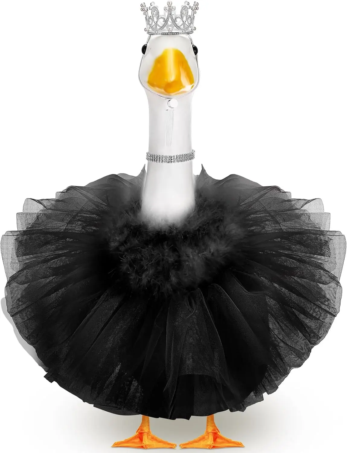 4 Pcs Princess Porch Goose Outfit for 23" 17" Cement Lawn Goose Costume Crown Necklace Tutu Skirt Feather Trim for Princess Outdoor Garden Lawn Art Decor (Black)