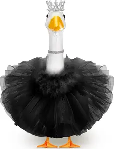 4 Pcs Princess Porch Goose Outfit for 23" 17" Cement Lawn Goose Costume Crown Necklace Tutu Skirt Feather Trim for Princess Outdoor Garden Lawn Art Decor (Black)