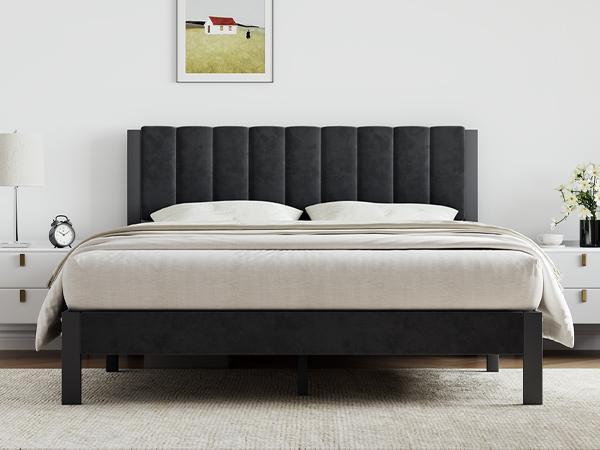 Bed Frame Upholstered Platform Full/Queen/King Bed Frame with Adjustable Headboard, Strong Weight Capacity, No Box Spring Needed, Easy Assembly, Grey Modern Unique Bedroom Furniture