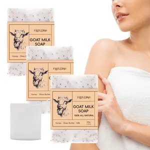 3 pieces of 100g goat milk soap, containing shea butter, honey, goat milk, gentle and non irritating, deeply cleanses pores, moisturizes and hydrates facial and body skin, suitable for all skin types, suitable for both men and women, Moisturizing