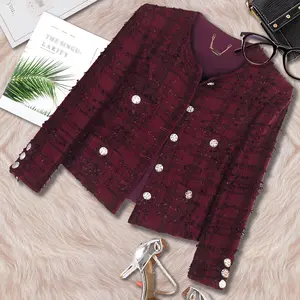 Elegant Socialite High-End Women's Top New Dark Red Round Neck Coarse Wool Long Sleeve Casual Jacket with Rhinestone Buttons Coats Womenswear