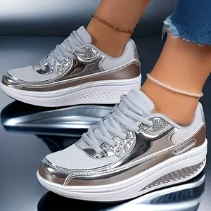 1 Pair Women's Casual Breathable Running Shoes with Shiny Soles, Lightweight Mesh Upper, Rocking Effect, Mid Heel, EVA Sole, Perfect for Casual Attire, Ladies Sneakers