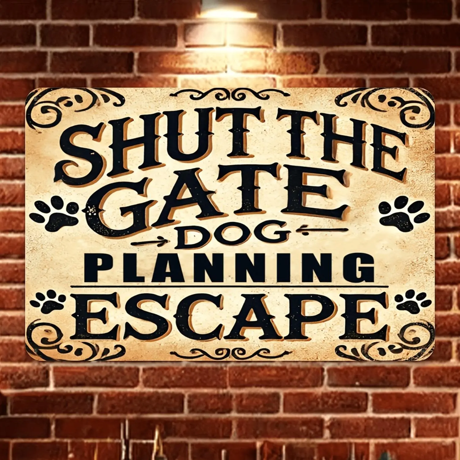 Humor Vintage 8x12 in Animal Tinplate Sign - Reads "Close The Door, The Dog Intends to Make a Run for It", Water-Wind Resistant, Pre-Drilled, Sturdy with Paw Prints, Ideal for Home Bars Garages Decor