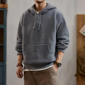 Men's pineapple pattern hooded pullover knit sweater with round neckline, quarter zipper, pocket, drawstring waistband, loose fit men's top, street casual style suitable for autumn and winter wear, everyday clothing