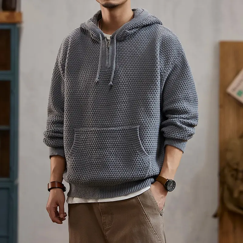 Men's pineapple pattern hooded pullover knit sweater with round neckline, quarter zipper, pocket, drawstring waistband, loose fit men's top, street casual style suitable for autumn and winter wear, everyday clothing