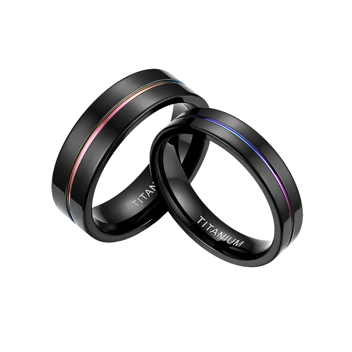 OIDEA Hypoallergenic Titanium Ring Jewelry - 5mm Polished Black with Rainbow Grooved Inlay, Unisex Comfort Fit US Sizes 5-13, Couples Band for Wedding, Engagement, Anniversary