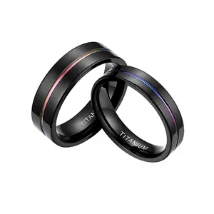 OIDEA 5mm Couples Titanium Wedding Ring Black Rainbow Grooved Polished Comfort Fit Engagement Anniversary Promise Birthday Gift Band