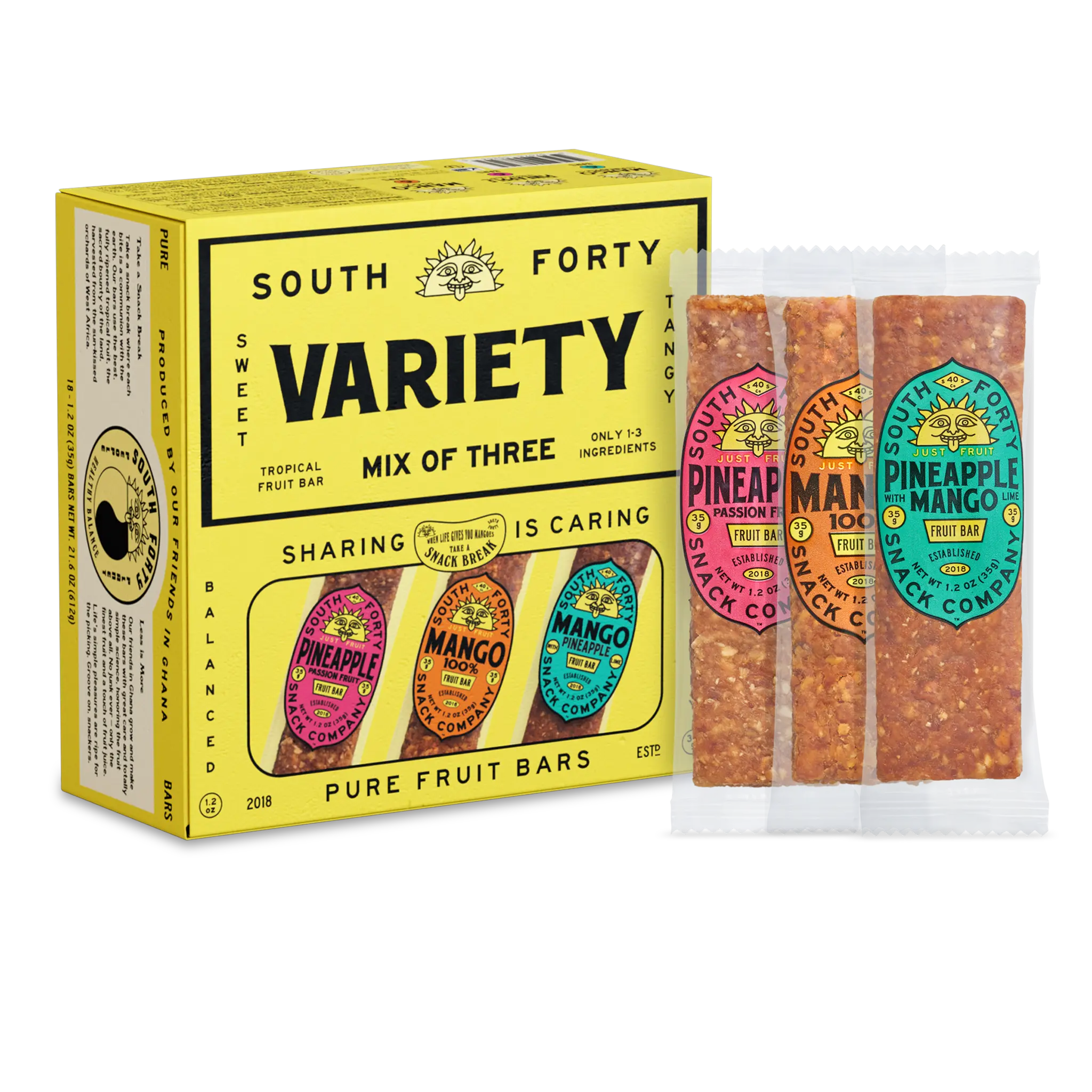 South Forty Snacks Tropical Fruit Bars Variety Pack 18 Count, Mixed Fruit Snack Bars Bulk Pack, Healthy Natural Fruit Snacks On-The-Go Snacks for Kids & Adults, Real Fruit Chewy Snack Bars, Convenient Daily Energy Snack