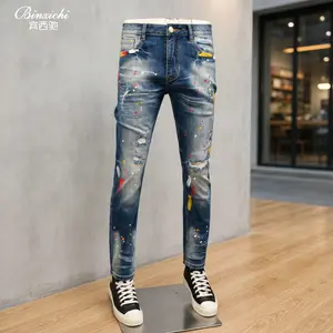 Men's Stretch Slim Straight Ripped Jeans Retro Distressed Paint Print Streetwear Pants