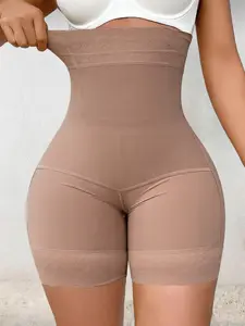 1 Count Women's Underwear Solid Color High Waist Shapewear Shorts, Lace Waist Hem Shaper Panty, Anti Curl Anti Slip Bottoms, Butt Lifting And Tummy Control Shaping Panties, Suitable For Daily Styling, Casual Outings, Sports