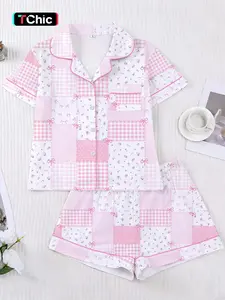 Women's Plaid Floral Bow Print Short Sleeve Shorts Pajama Set, Casual Home Wear Suit, Comfortable Sleepwear for Women