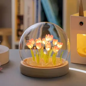 Handcrafted Tulip Shaped LED Light Decorative Table Lamp for Bedroom Cozy Home Atmosphere USB Charging Wood Material Perfect Birthday Gift