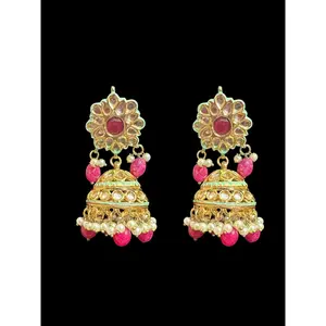 Kundan and meenakari jhumka - red green ( READY TO SHIP )