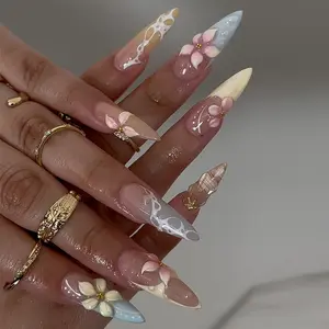 24pcs Long Almond Press-On Nails, Gradient Colorful Flower Design, Gold Glitter Star, French Style, Reusable Nail Art Set for Women, Almond Fake Nails, Glittering Fake Nails