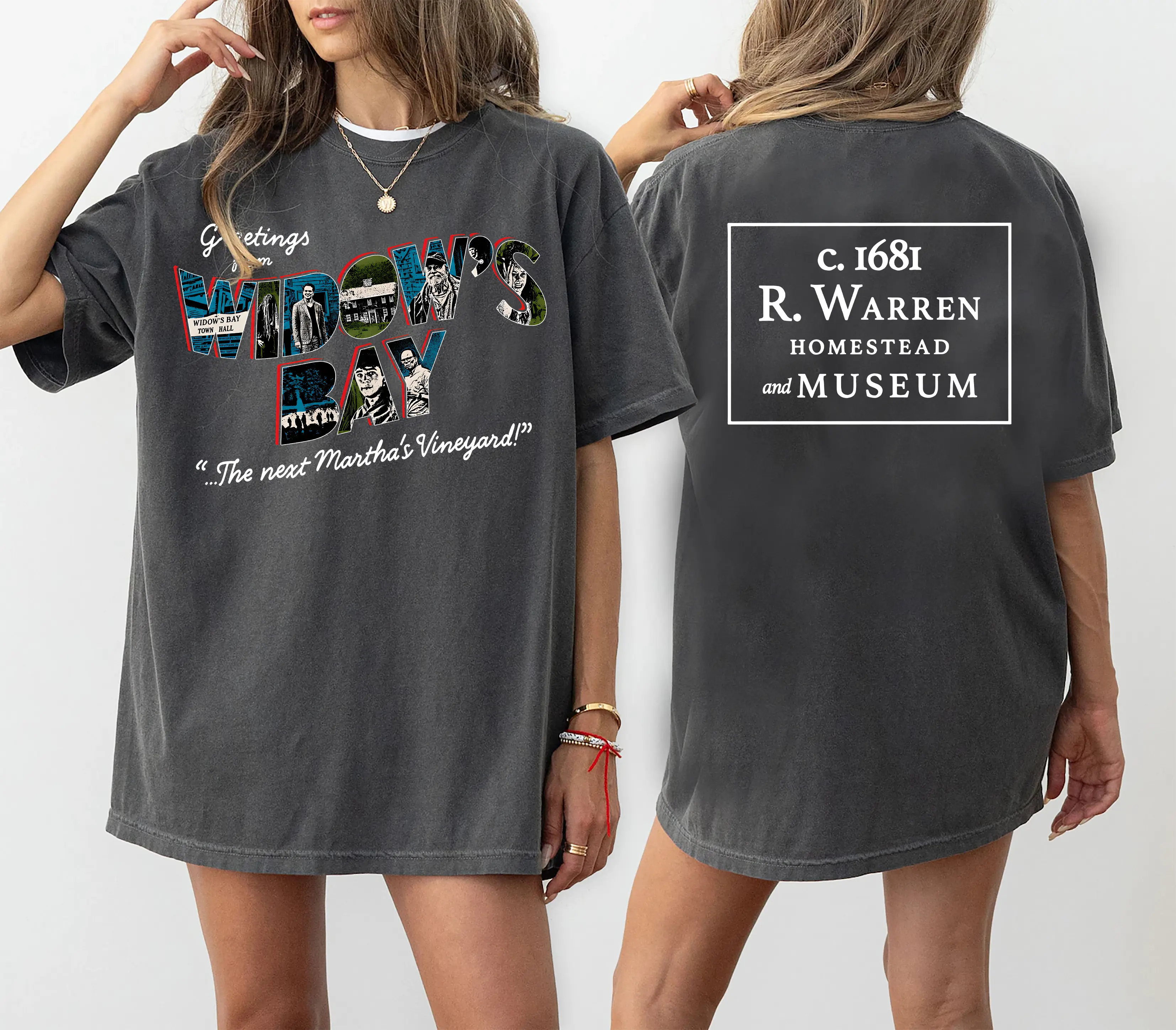 Greetings From Widow's Bay Two Sided Shirt, R Warren Homestead Museum Tee, Martha's Vineyard Mystery Town Graphic T Shirt