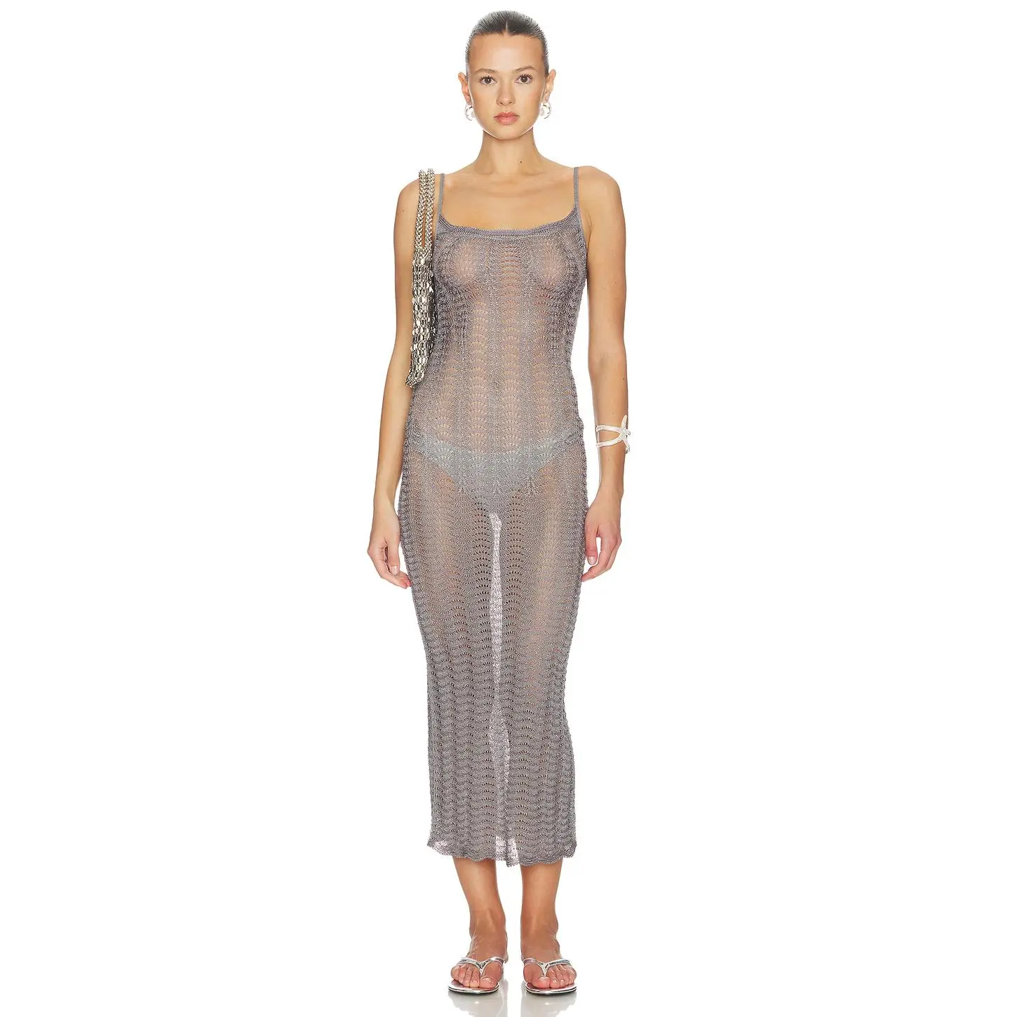 Lovers and Friends Oliviyah Wavy Knit Midi Dress in Metallic Silver