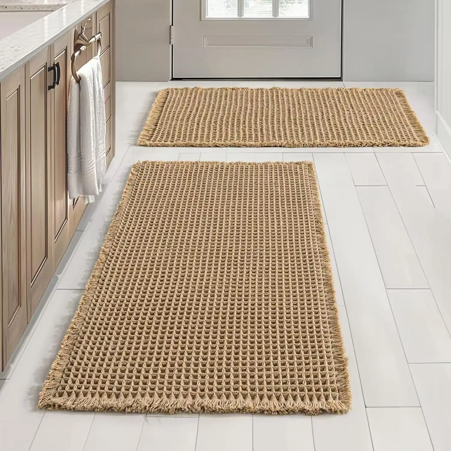 Grid Design Mat Set, 2 Counts/set Non-slip Rectangle Mat, Absorbent Rug for Home Hotel Bathroom Kitchen Decor