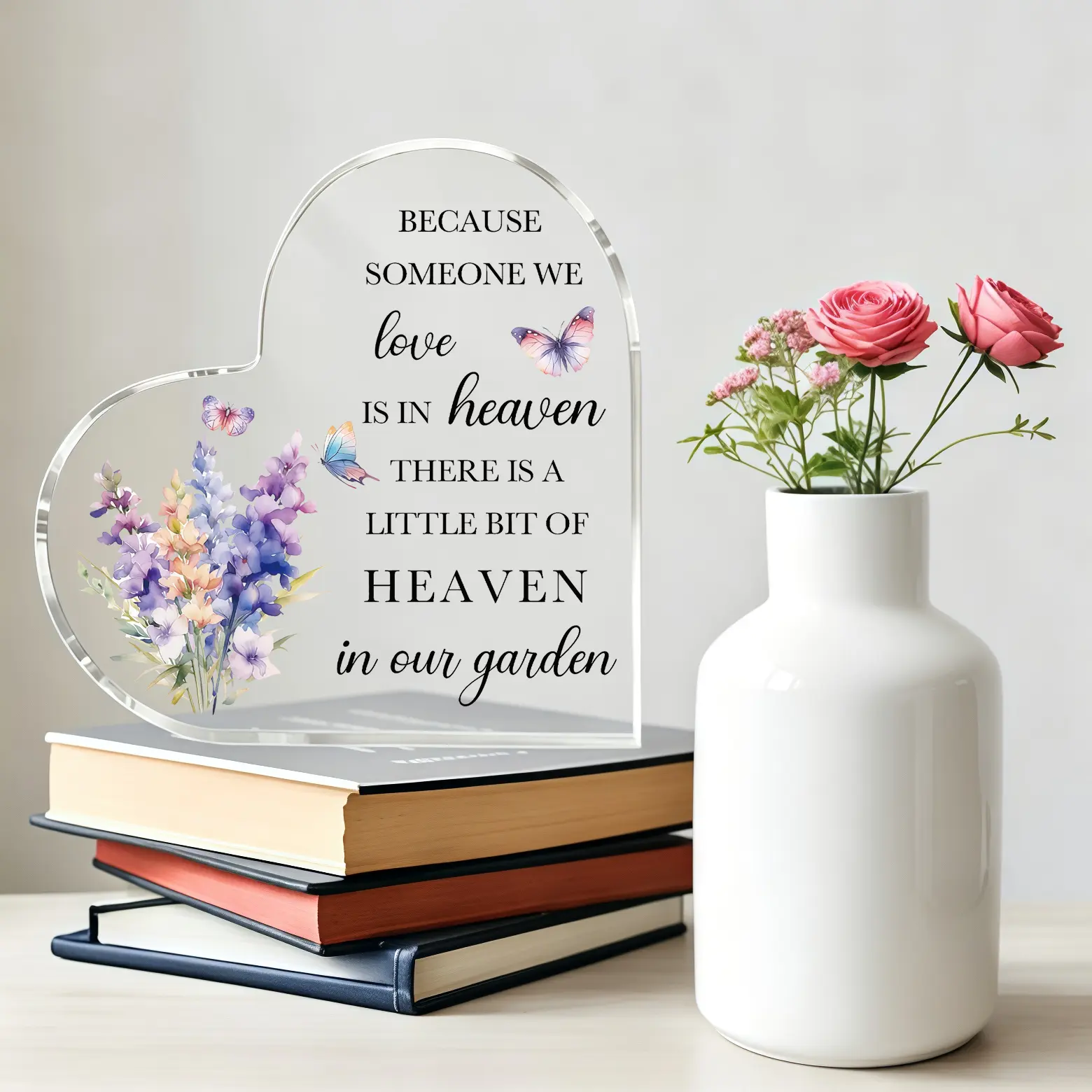 2D Heart-Shaped Flat Acrylic Tabletop Plaque - Lavender Butterfly Print Memorial Desk Sign, Sympathy Gift for Loss of a Loved 1, Home Decor, Room Decor (Christmas, Thanksgiving)