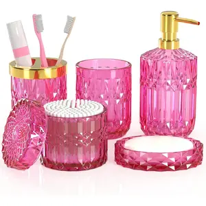 Bright Pink Glass Bathroom Accessories Set 5-Piece Set, Bright Pink Bathroom Set, Soap Dispenser and Toothbrush Holder Set, Cotton Swab Holder Set, Vintage Bathroom Sink Set, Cute Bathroom Decoration