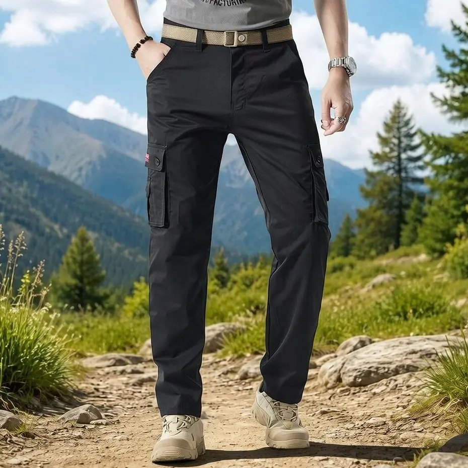 Men’s multi-pocket cargo pants for outdoor hiking and climbing, tactical patchwork long pants, solid color minimalist retro functional casual long pants