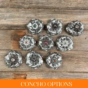 Silver Gardenia Leather Flowers - 1" Crystal Conchos - Options