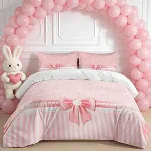 Valentine's Day Theme Cute Bow Pattern Duvet Cover Set, 3 Piece Includes 1 Duvet Cover and 2 Pillowcases, Soft Breathable Design
