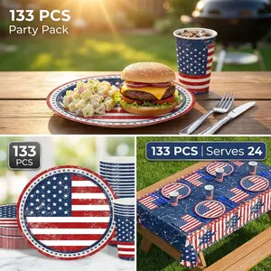 133 Pcs American Flag Themed Party Supplies Set, Disposable Patriotic Tableware with Plates, Cups, Napkins, Cutlery, Straws & Tablecloth, Vintage USA Decor for 4th of July, Memorial Day, Labor Day Celebration