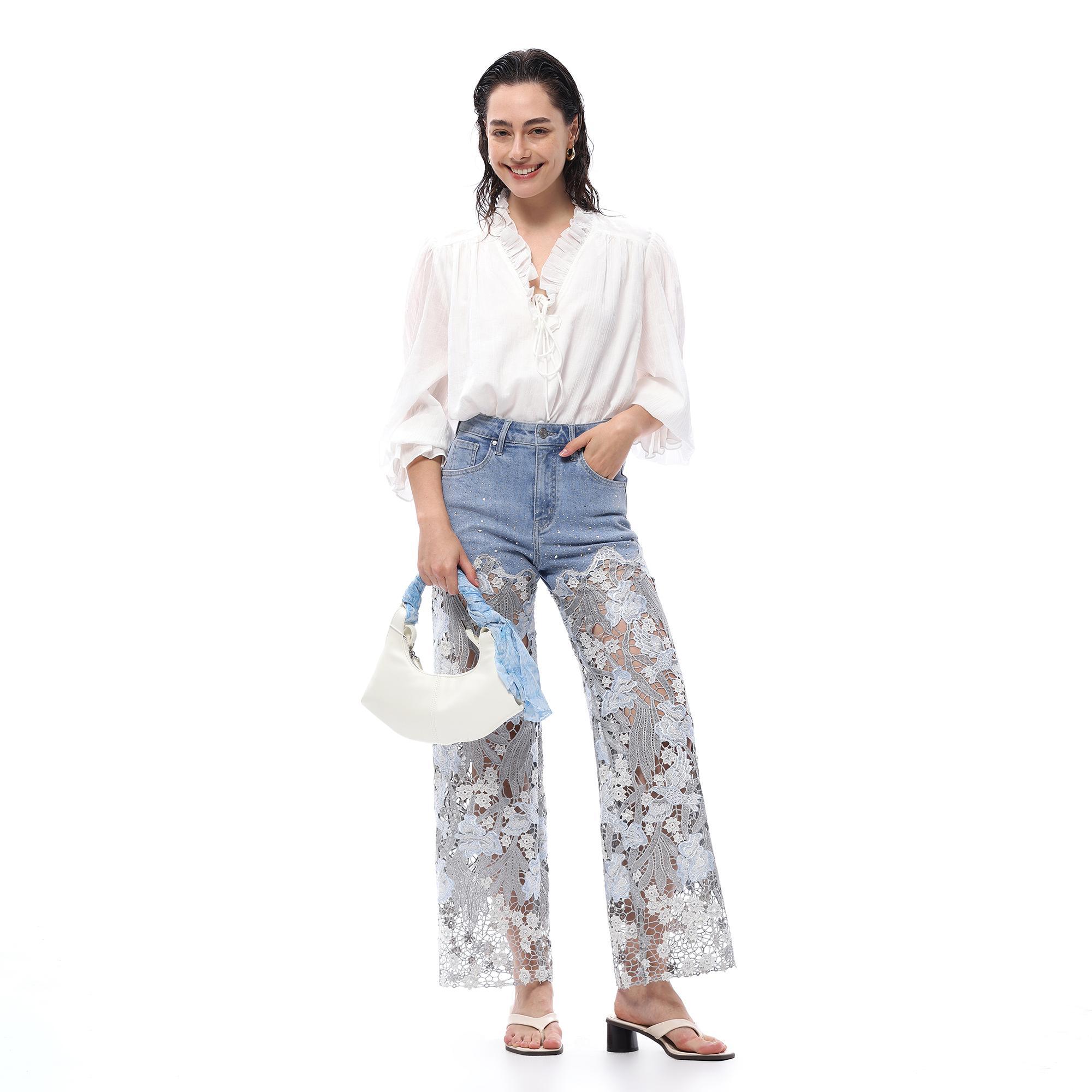 High Waist Wide Leg Lace Denim Jeans for Women Stretchy Rhinestone Black Pants Summer Style Cotton Viscose Polyester Trouser Gift BBL