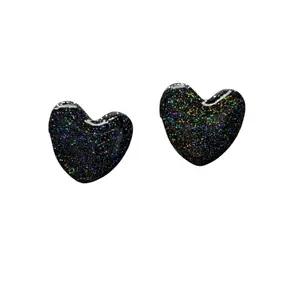 Black Holographic Heart Shaped Handmade Polymer Clay Stud Earrings
