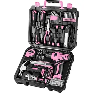 Drill Set, Home Tool Set with 8V Pink Cordless Drill, Hand Tool Kit for Women, 126 pcs