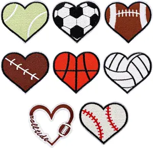 8pcs Heart Shaped Sports Ball Patches, Heart Patches Baseball Football Tennis Rugby Basketball Patches Embroidered Patches Sports Iron on Patches for Clothing Jeans Jackets Hats