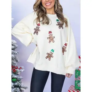 Gingerbread Man Sweatshirt Christmas Thanksgiving Holiday Pullover Cozy Loose Fit Women's Top with Sequin Patch Pink Long Sleeve Round Neck Casual Knitted Fabric